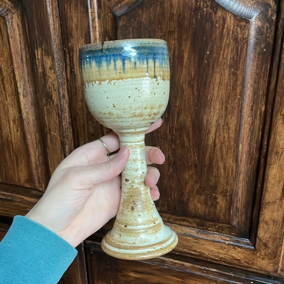 Studio Art Pottery Goblet Signed Ceramic Chalice Cup Wine Artsy Earthy Boho Clay - Picture 2 of 10